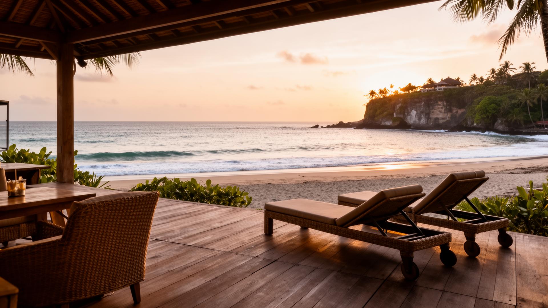 Strandclub terras bij zonsondergang op Bingin Beach Bali met rotanloungers