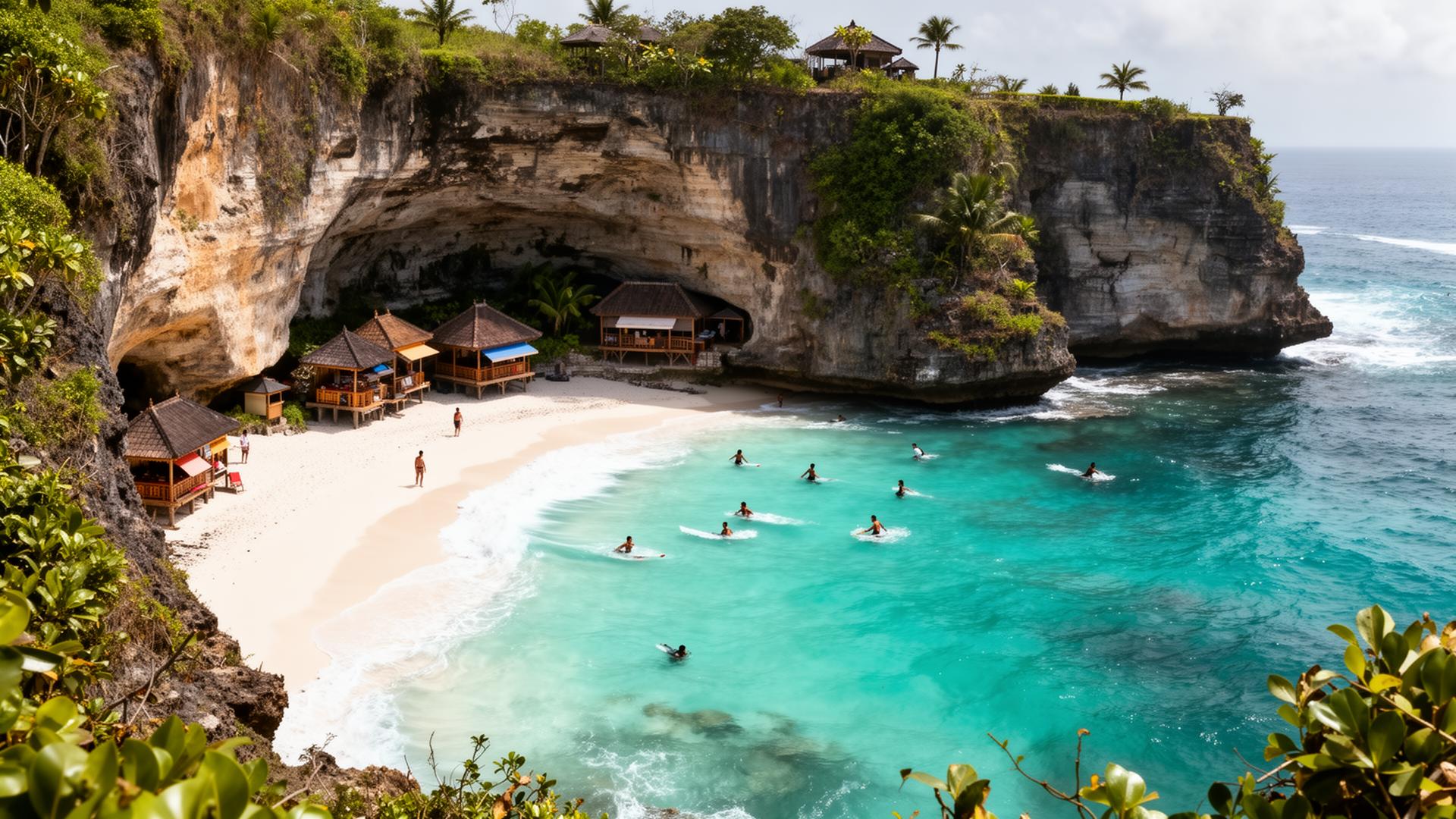 Bingin Beach Bali clifftop met turquoise water en houten warungs aan het strand