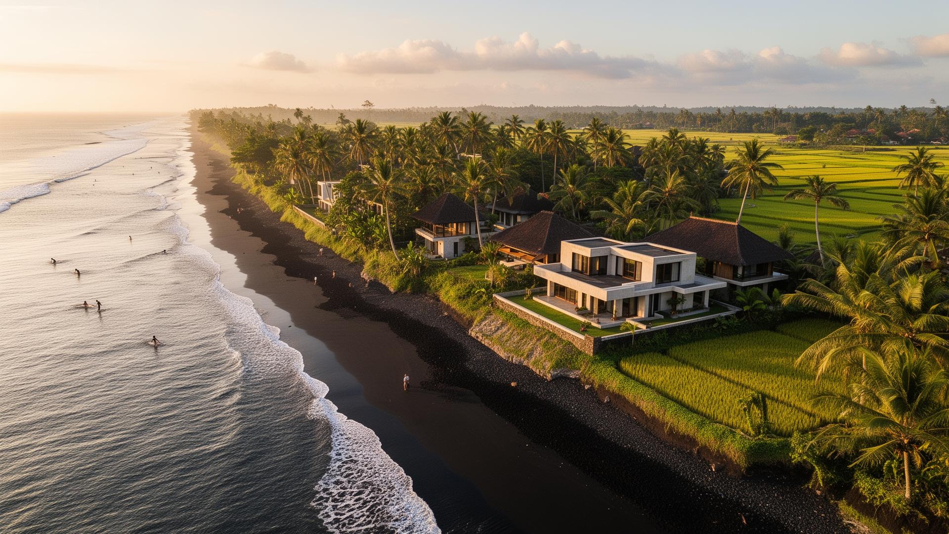 Luchtfoto van Canggu Bali met luxe villa's langs het zwarte strand en rijstvelden