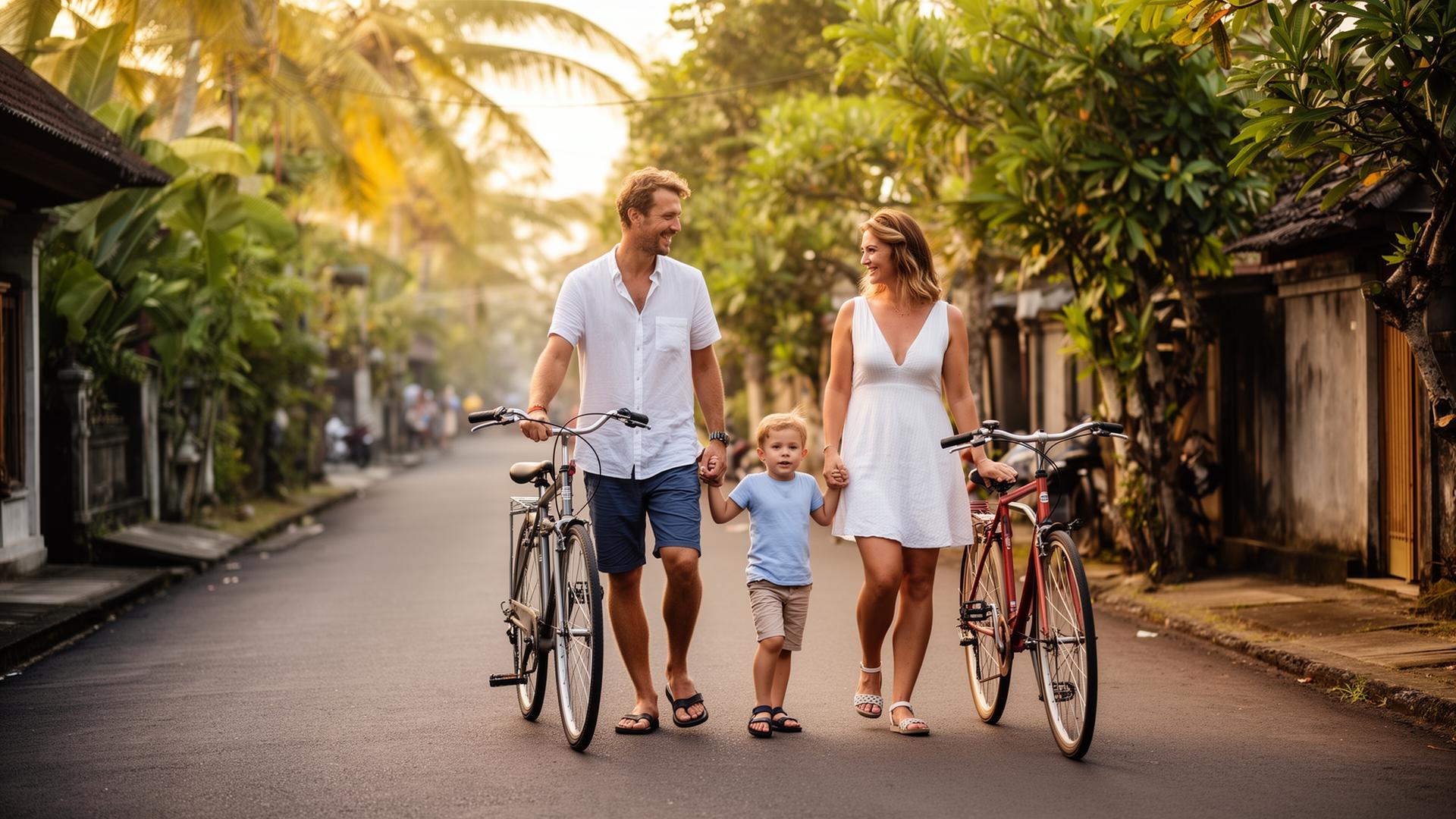 Europees gezin loopt door rustige Canggu straat met fietsen in ochtendlicht