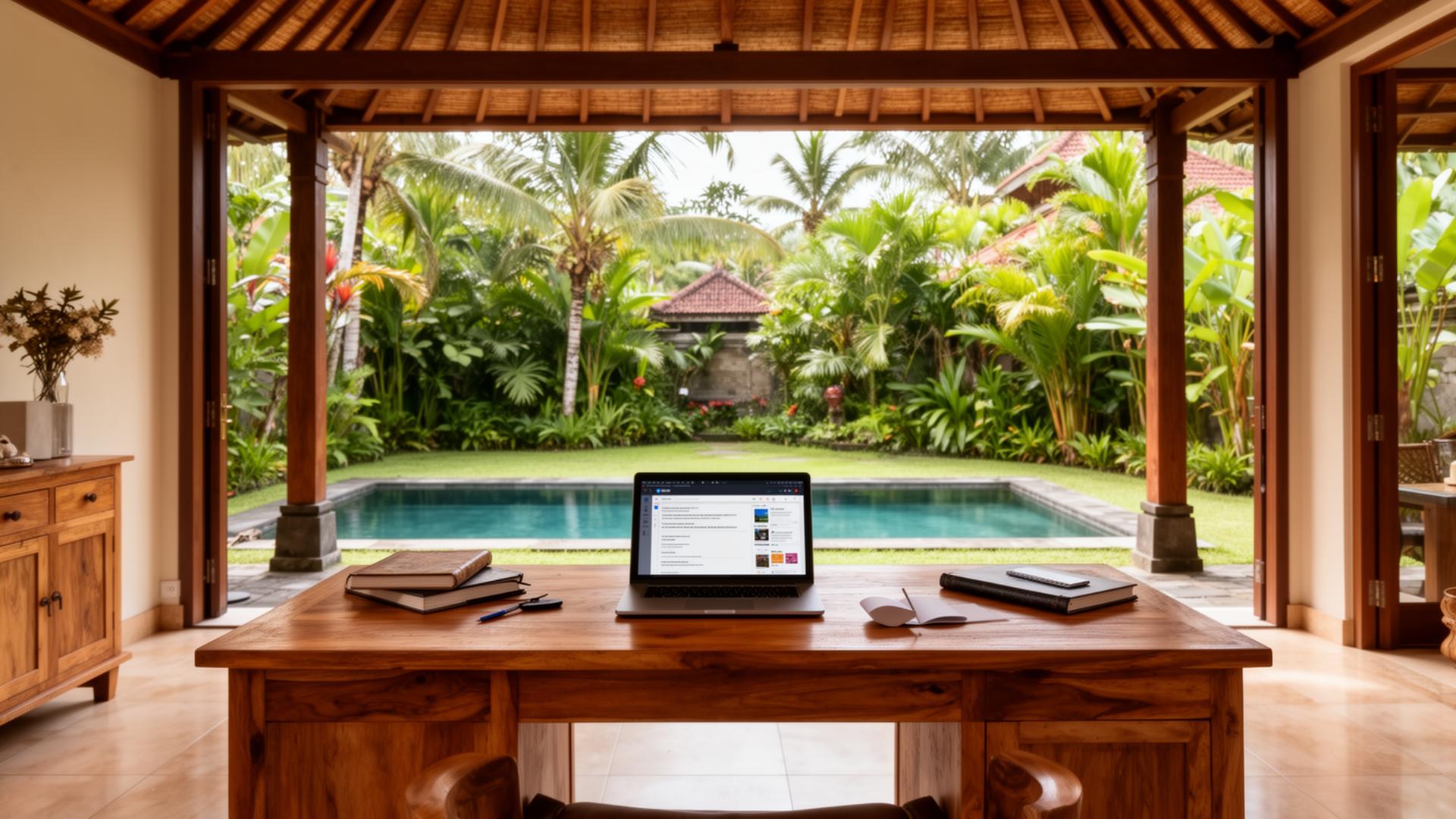 Werkplek in een Balinese villa met laptop, notitieboek en uitzicht op tropische tuin