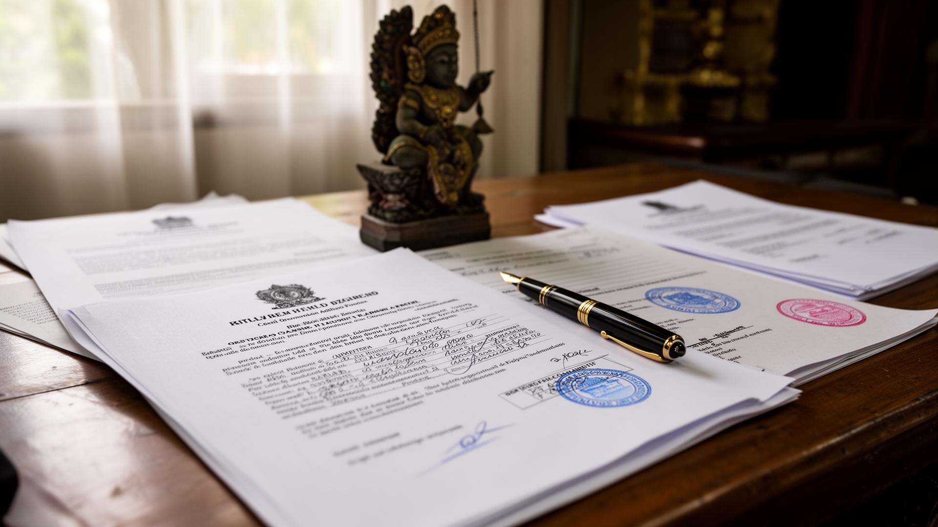 Indonesische notarisdocumenten op een houten bureau met een vulpen en stempels