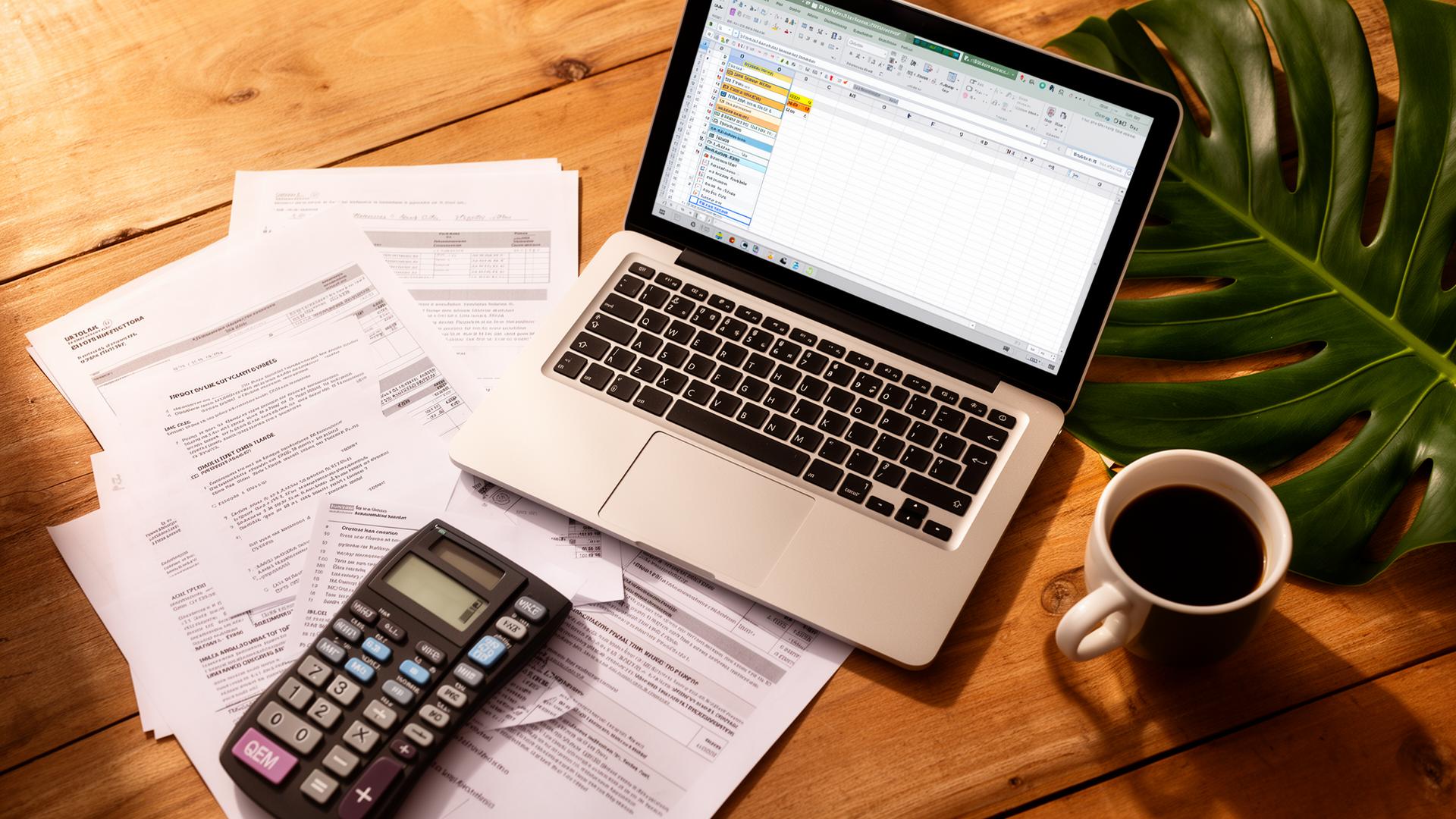 Werkruimte met documenten, laptop met spreadsheet en koffie voor vastgoedanalyse