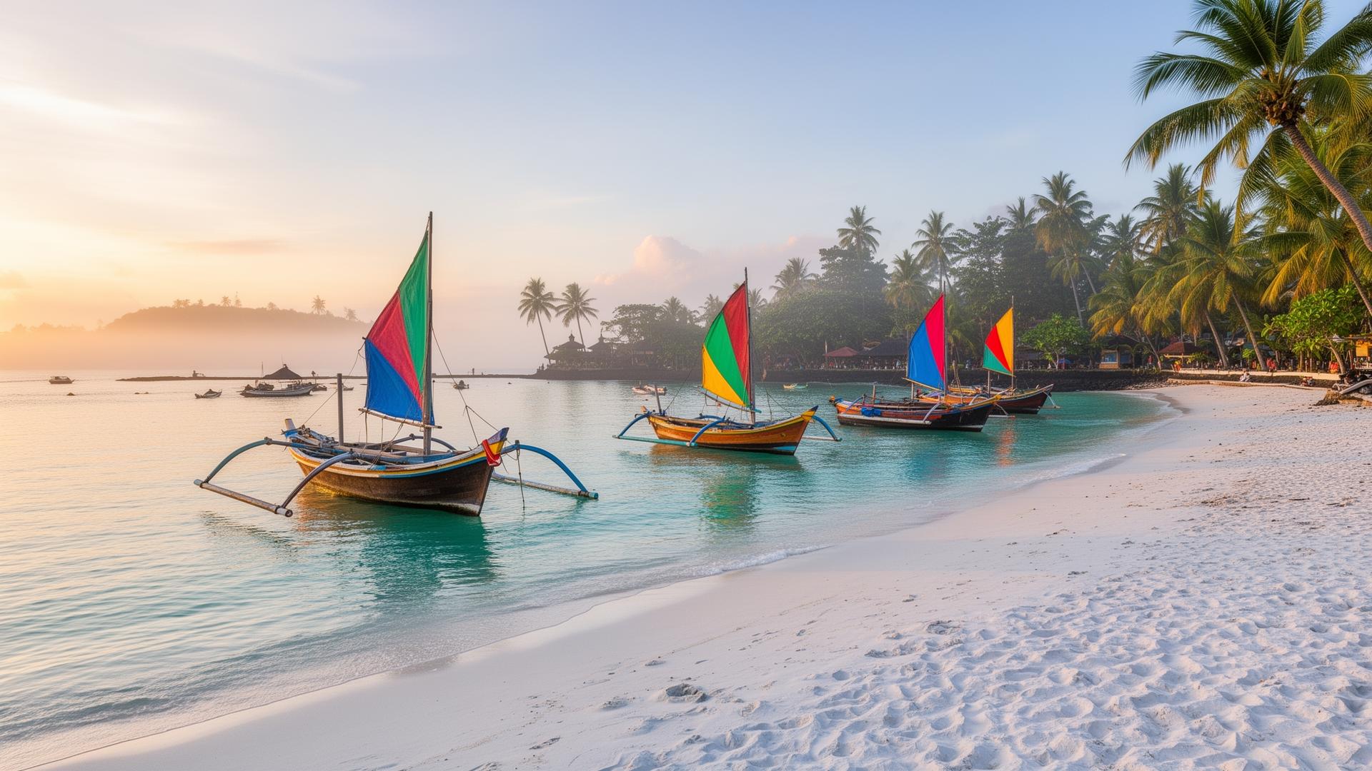 Traditionele jukung vissersboten op het witte strand van Sanur Bali bij zonsopgang