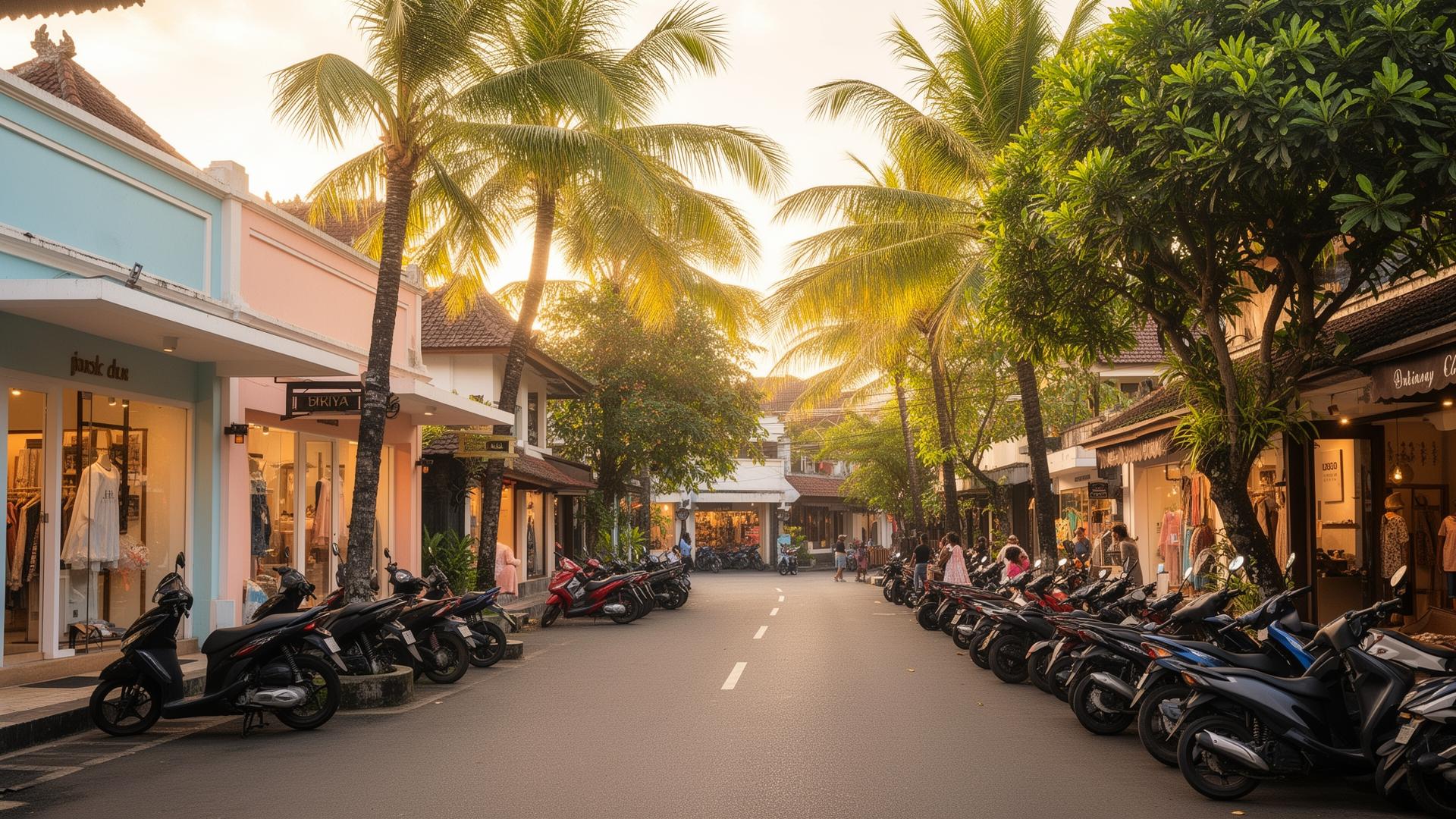 Seminyak winkelstraat met boutiques en palmen in warm avondlicht