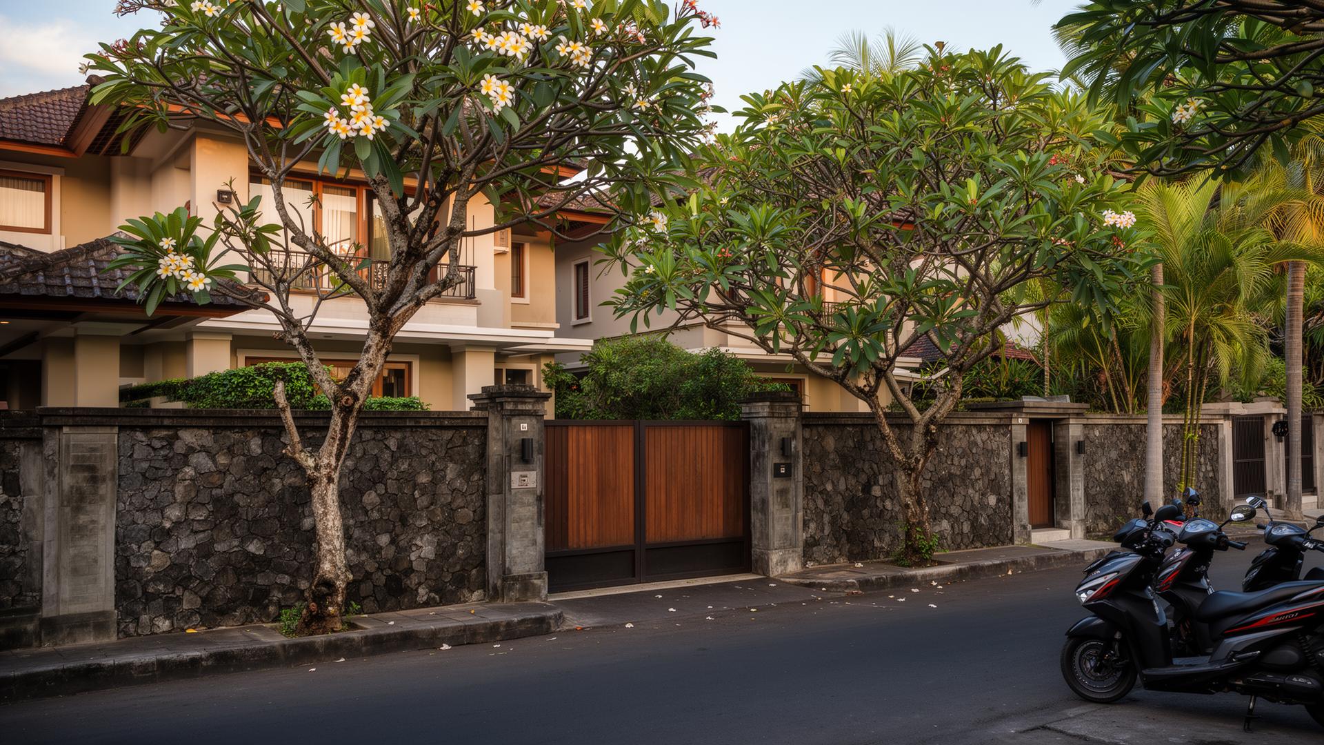 Rustige Balinese straat met villa's achter stenen muren en frangipani-bomen