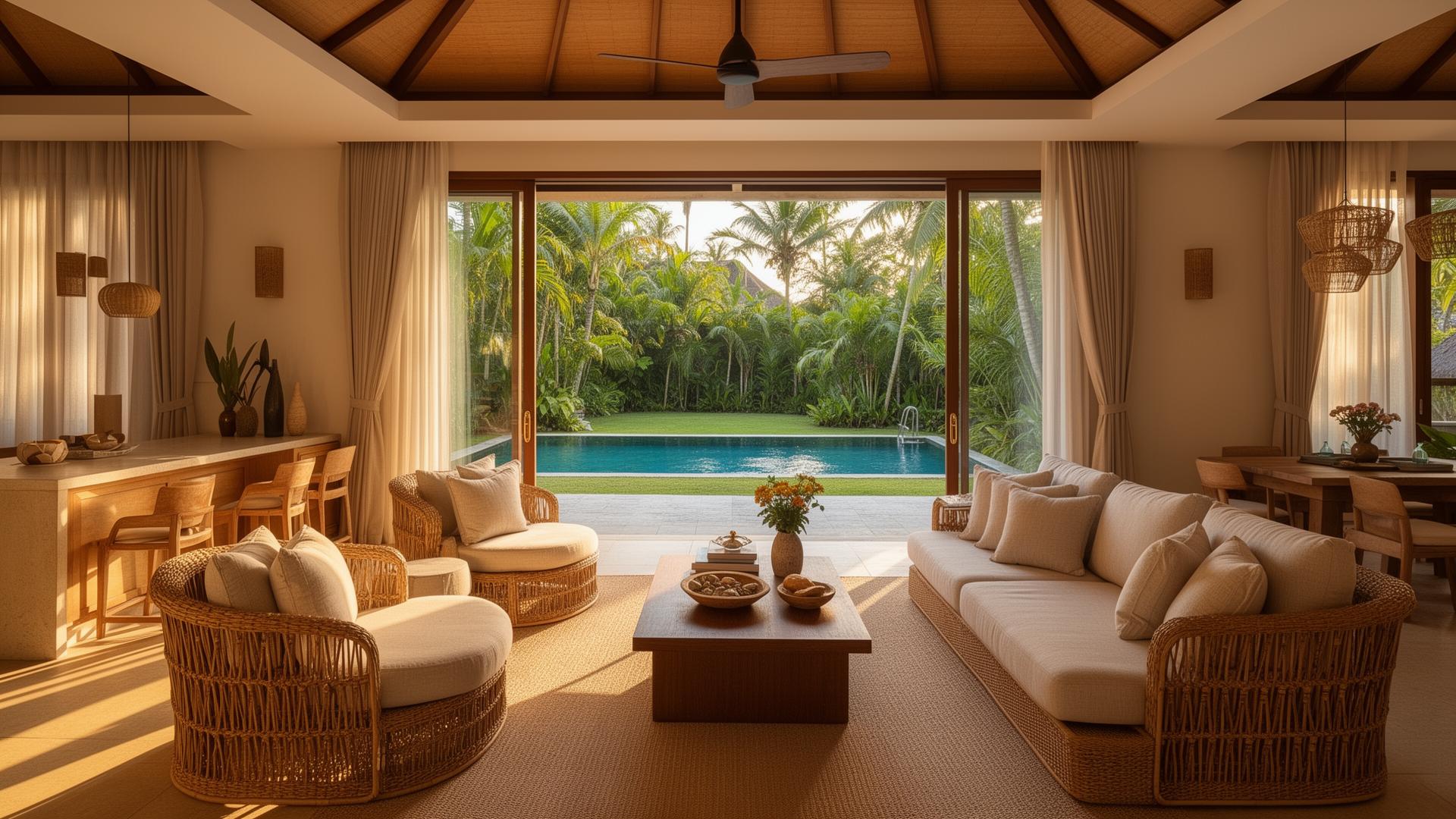Luxe Bali villa woonkamer met rotan meubilair en uitzicht op zwembad