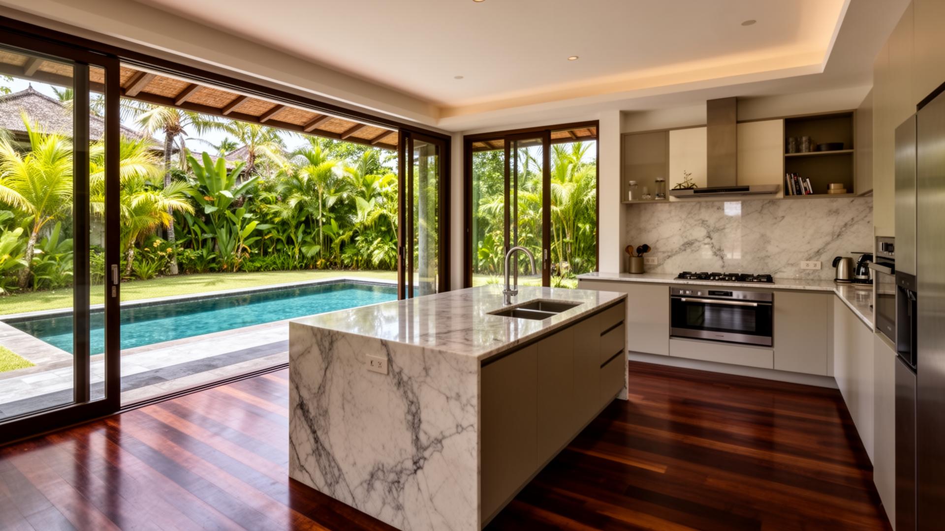 Luxe villa interieur op Bali met natuurlijke materialen en uitzicht op tropische tuin