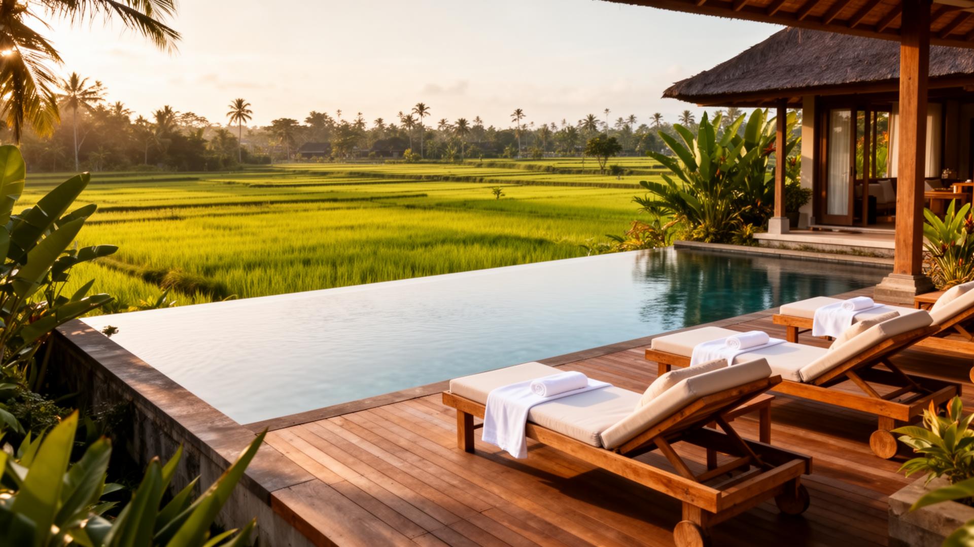 Infinity pool van luxe Bali villa met uitzicht op rijstvelden bij gouden uur